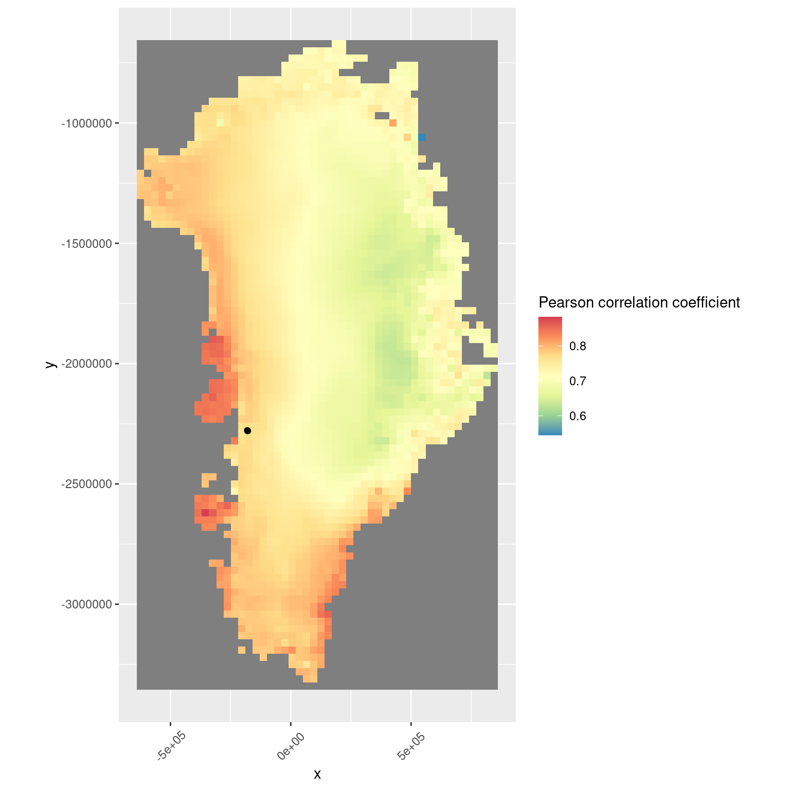 Correlation map of surface ice velocity at point 1 with air temperature