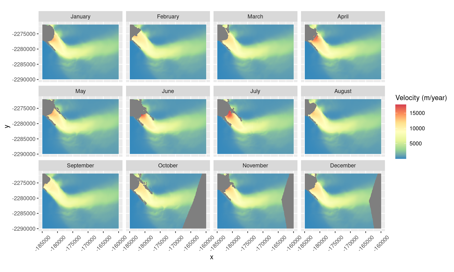 Monthly mean surface ice velocity in 2016